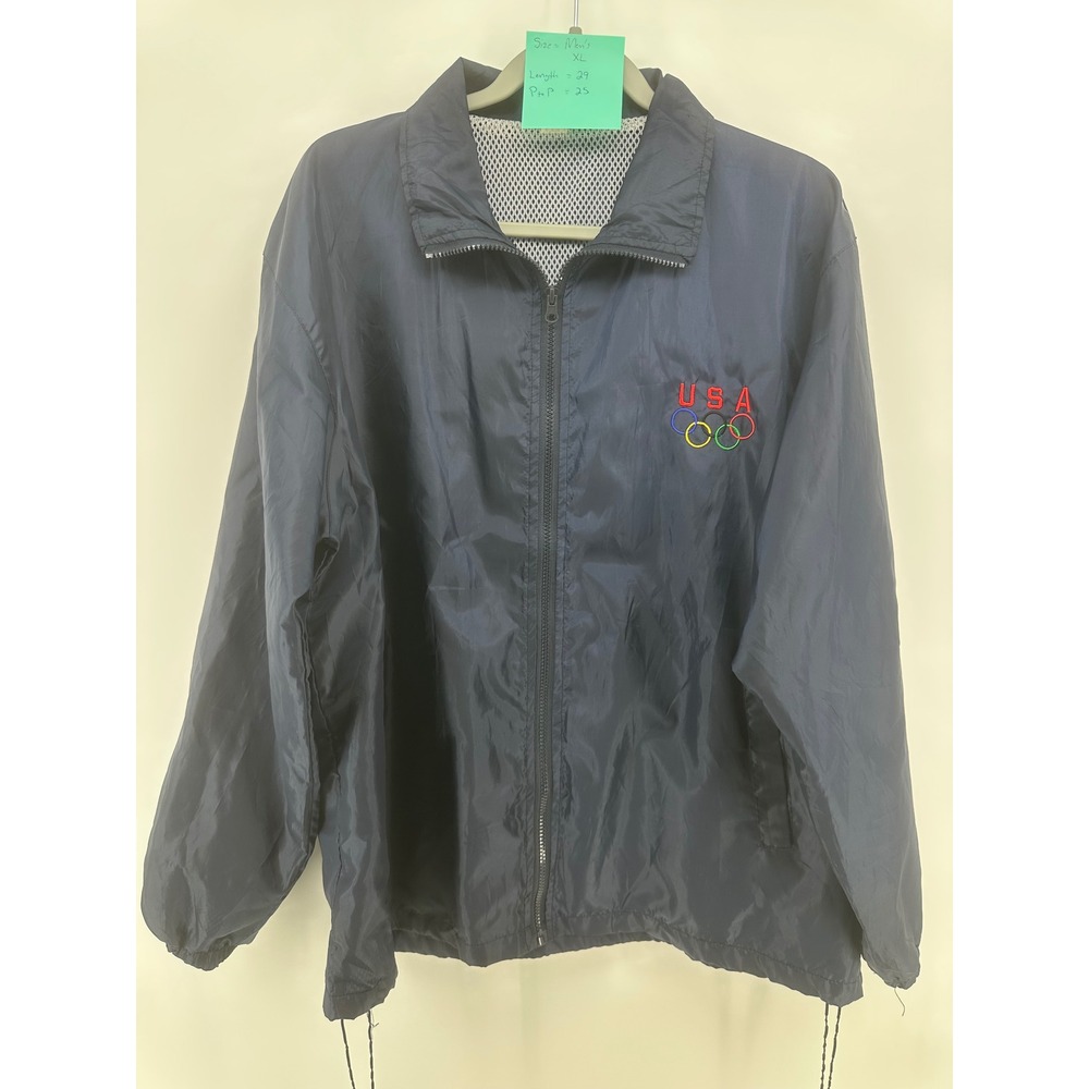 Vintage USA Olympics Windbreaker Jacket Navy Blue Mesh Lined Mens XL Full Zip